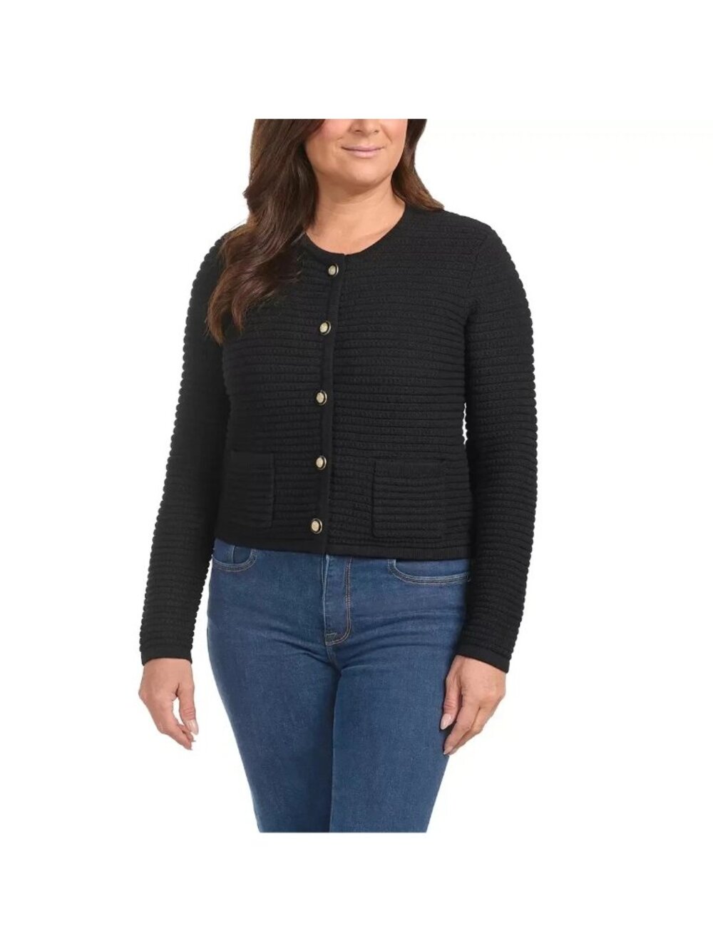 Hilary Radley Women’s Black Button-Front Cardigan With Pockets Size Large Ribbed